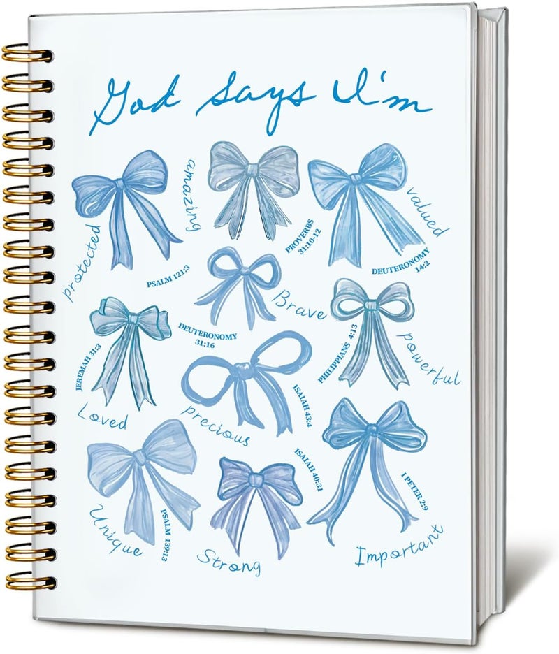 WLIANG Coquette blue Bow Christian Notebook, God Says I am Christian Journal for Women, Bible Journal,k, Prayer Journal for Woman, Hardcover Spiral Notebook l80 Sheets -160 Pages 5.5x8.3 Inch - Image 1